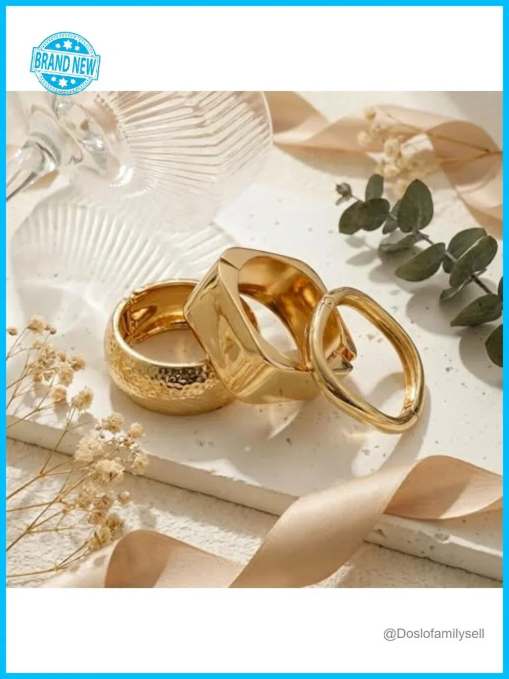 3Pcs Chunky Gold Plated Bangle Bracelets Set Stackable Cuff Bangles